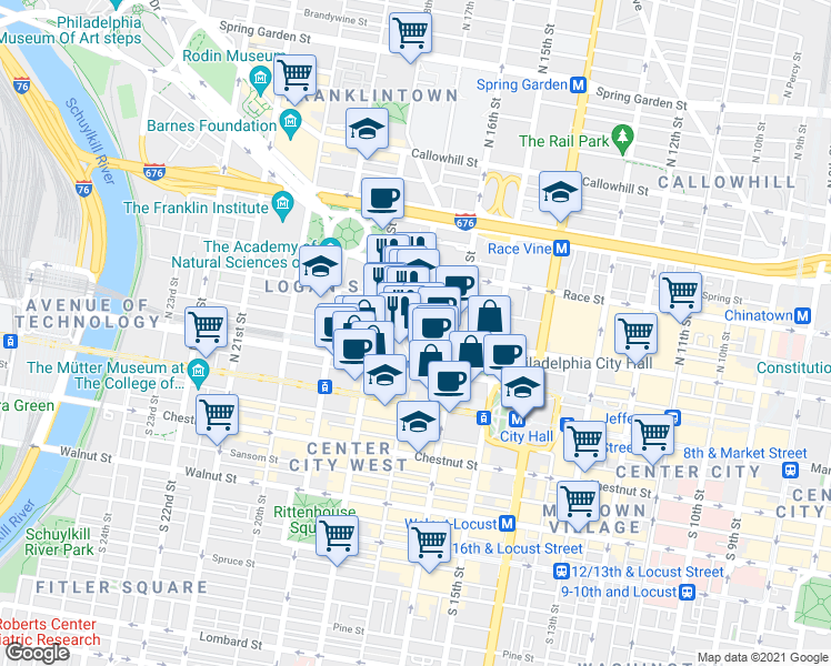 map of restaurants, bars, coffee shops, grocery stores, and more near N 17th St & Arch St in Philadelphia