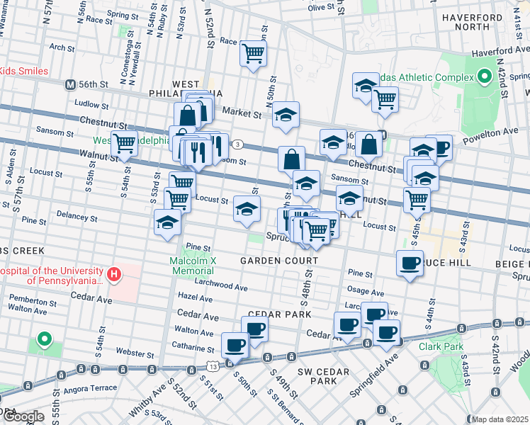 map of restaurants, bars, coffee shops, grocery stores, and more near 4938 Locust Street in Philadelphia
