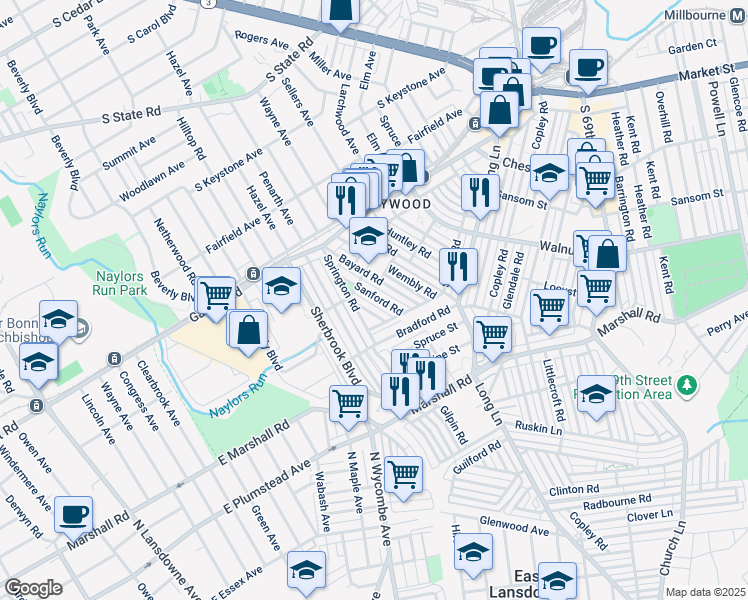 map of restaurants, bars, coffee shops, grocery stores, and more near 50 Gilpin Road in Upper Darby