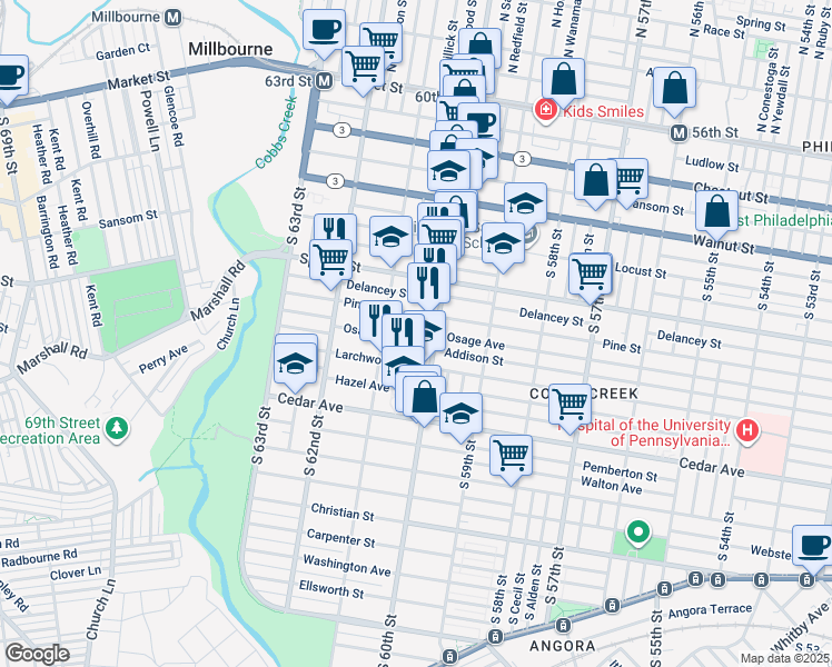 map of restaurants, bars, coffee shops, grocery stores, and more near 6021 Osage Avenue in Philadelphia