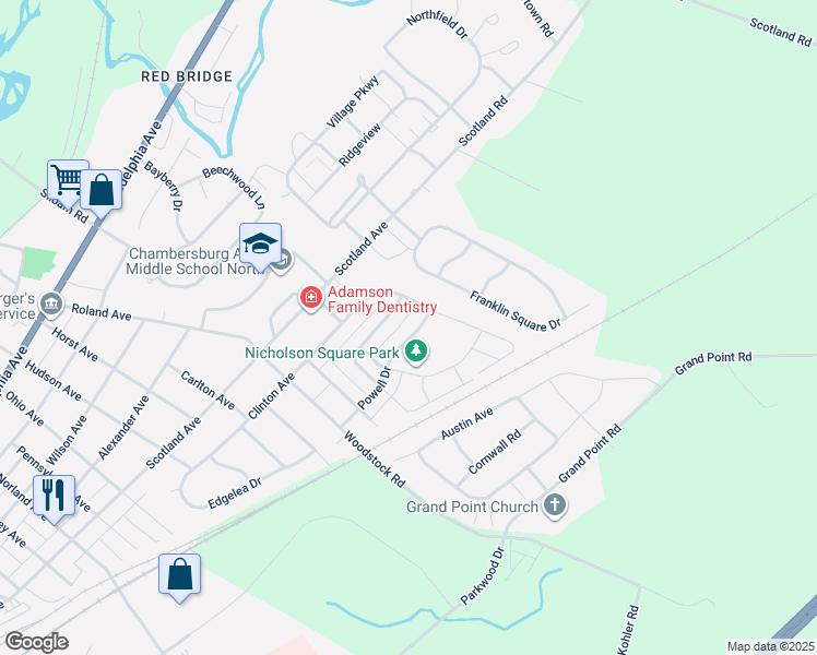 map of restaurants, bars, coffee shops, grocery stores, and more near 2037 Powell Drive in Chambersburg