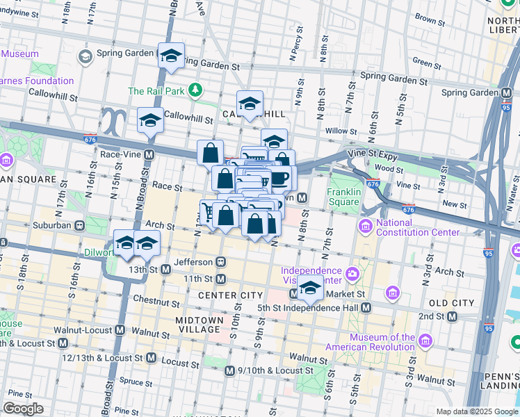 map of restaurants, bars, coffee shops, grocery stores, and more near 153 North 10th Street in Philadelphia