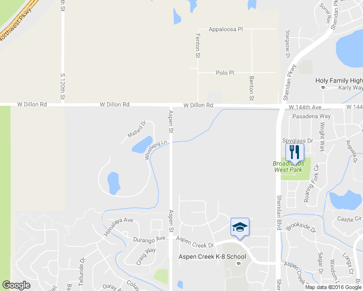 map of restaurants, bars, coffee shops, grocery stores, and more near 14100 Aspen Street in Broomfield