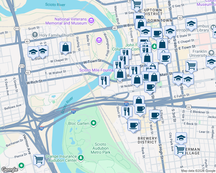 map of restaurants, bars, coffee shops, grocery stores, and more near 2 Miranova Place in Columbus