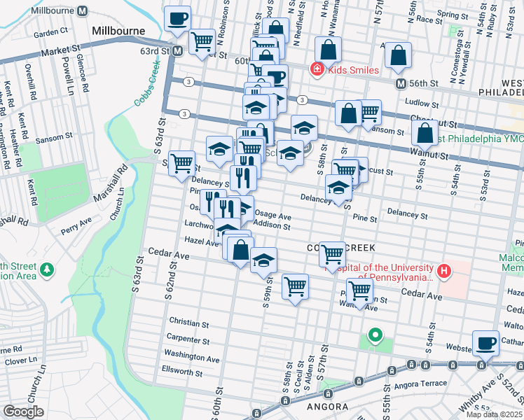 map of restaurants, bars, coffee shops, grocery stores, and more near 5941 Osage Avenue in Philadelphia