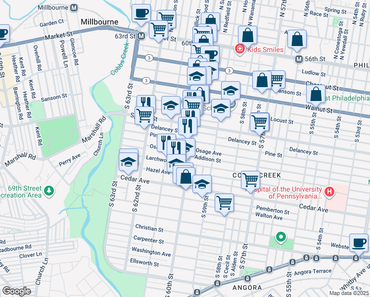 map of restaurants, bars, coffee shops, grocery stores, and more near 6011 Osage Avenue in Philadelphia