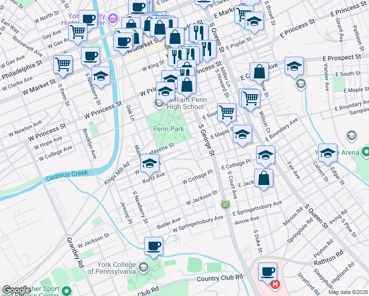 map of restaurants, bars, coffee shops, grocery stores, and more near 104 Lafayette Street in York