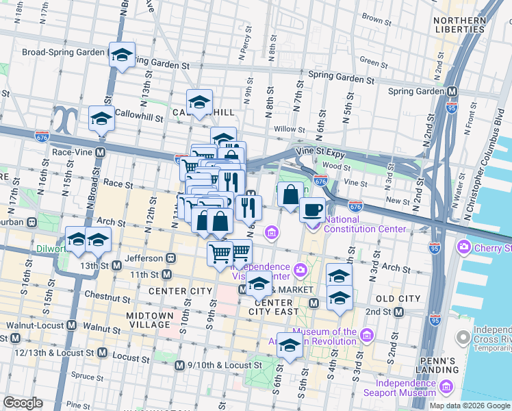 map of restaurants, bars, coffee shops, grocery stores, and more near N 8th St & Race St in Philadelphia