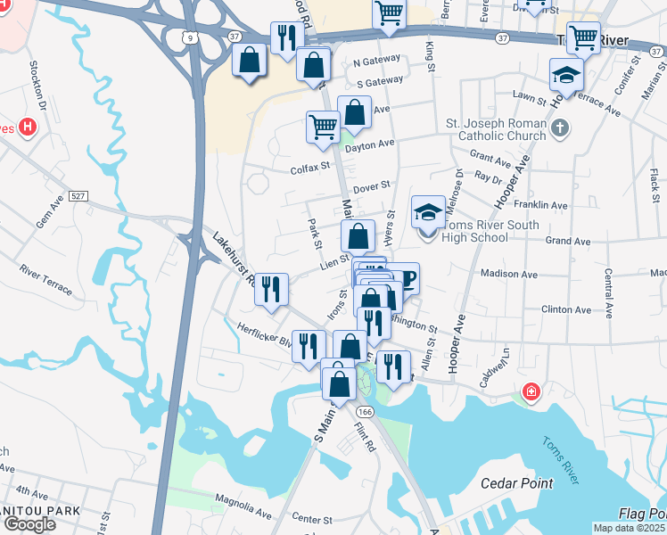 map of restaurants, bars, coffee shops, grocery stores, and more near 26 Lien Street in Toms River