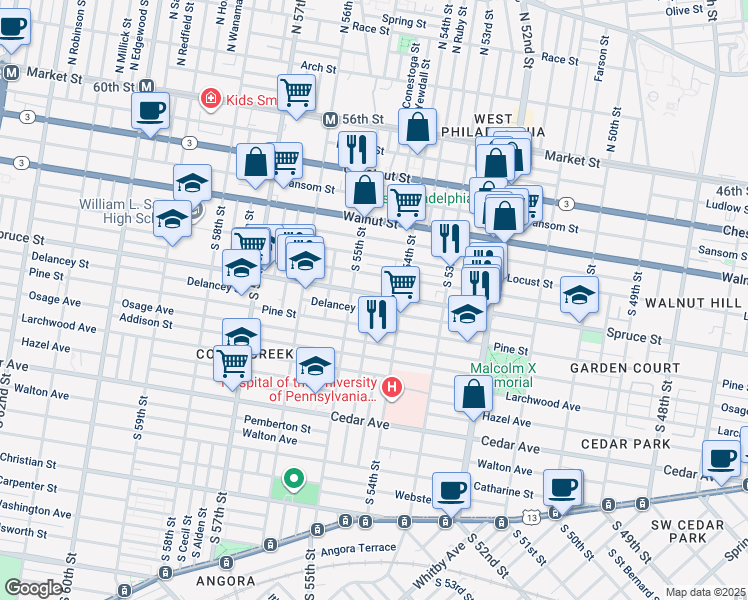map of restaurants, bars, coffee shops, grocery stores, and more near 5436 Spruce Street in Philadelphia