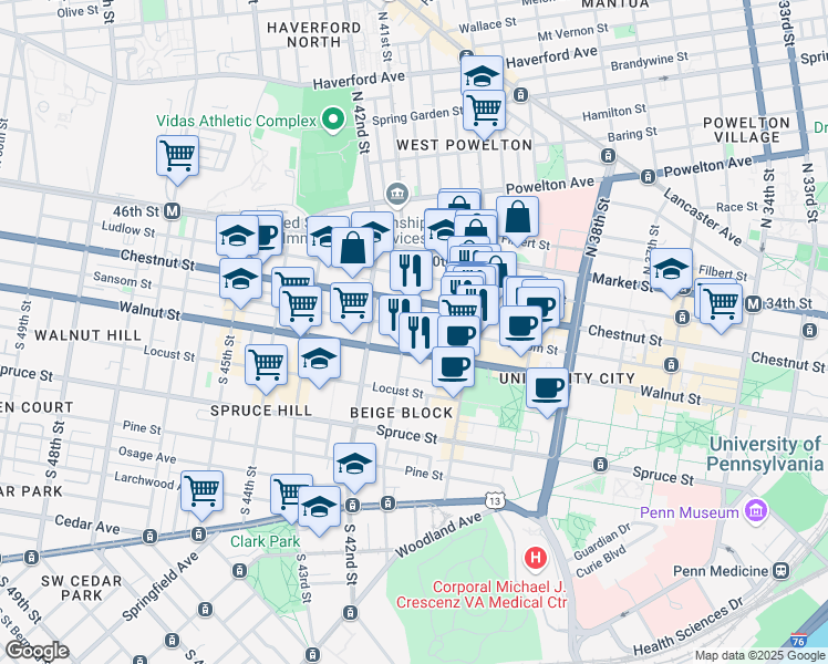 map of restaurants, bars, coffee shops, grocery stores, and more near 121 South 41st Street in Philadelphia