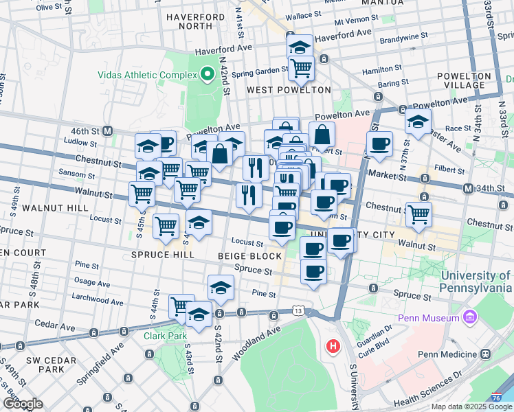 map of restaurants, bars, coffee shops, grocery stores, and more near 121 South 41st Street in Philadelphia