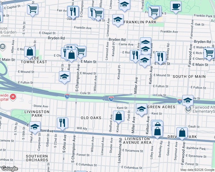 map of restaurants, bars, coffee shops, grocery stores, and more near 512 Linwood Avenue in Columbus