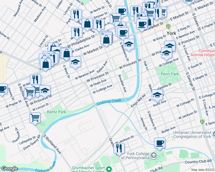 map of restaurants, bars, coffee shops, grocery stores, and more near 442 West College Avenue in York