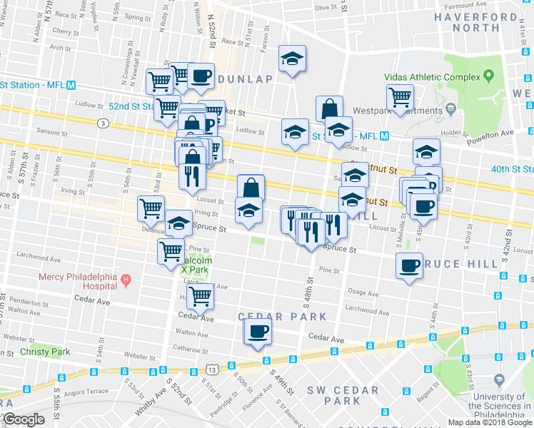map of restaurants, bars, coffee shops, grocery stores, and more near 4938 Locust Street in Philadelphia