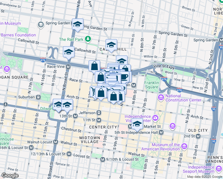 map of restaurants, bars, coffee shops, grocery stores, and more near 1001 Race Street in Philadelphia
