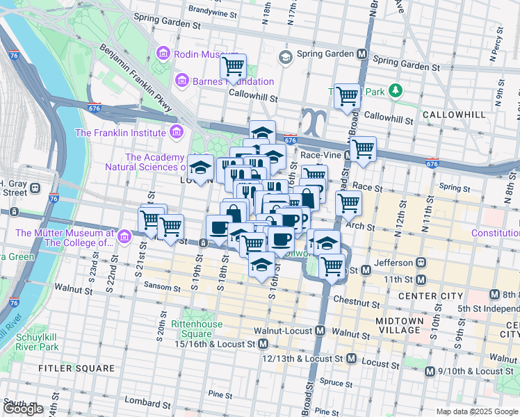 map of restaurants, bars, coffee shops, grocery stores, and more near 100 North 17th Street in Philadelphia