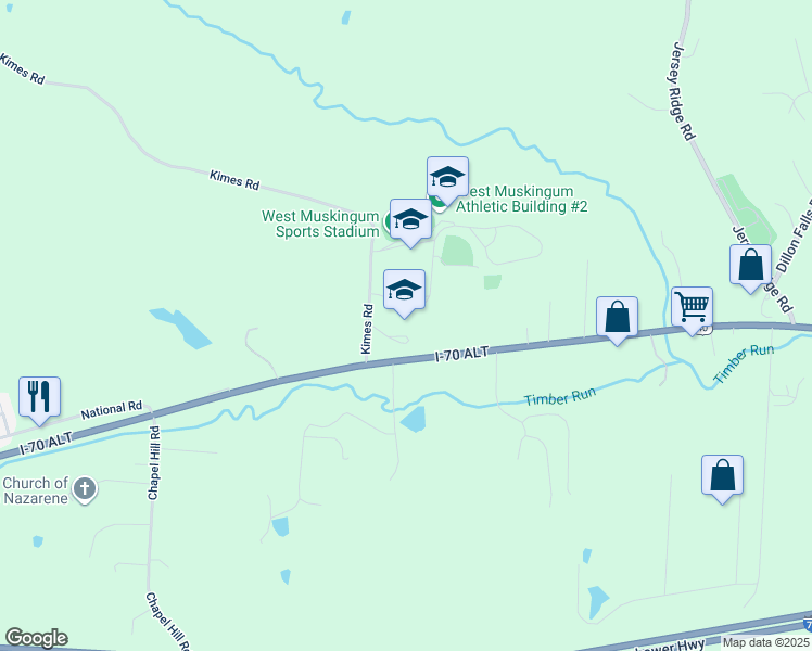 map of restaurants, bars, coffee shops, grocery stores, and more near 100 Kims Road in Zanesville
