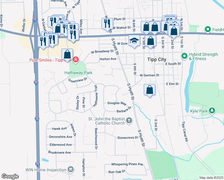 map of restaurants, bars, coffee shops, grocery stores, and more near 16 Earl Court in Tipp City