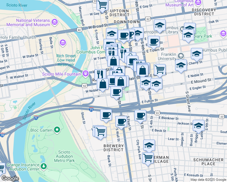 map of restaurants, bars, coffee shops, grocery stores, and more near 345 South High Street in Columbus