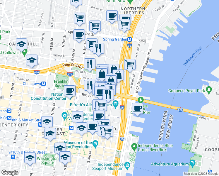map of restaurants, bars, coffee shops, grocery stores, and more near 214 New Street in Philadelphia