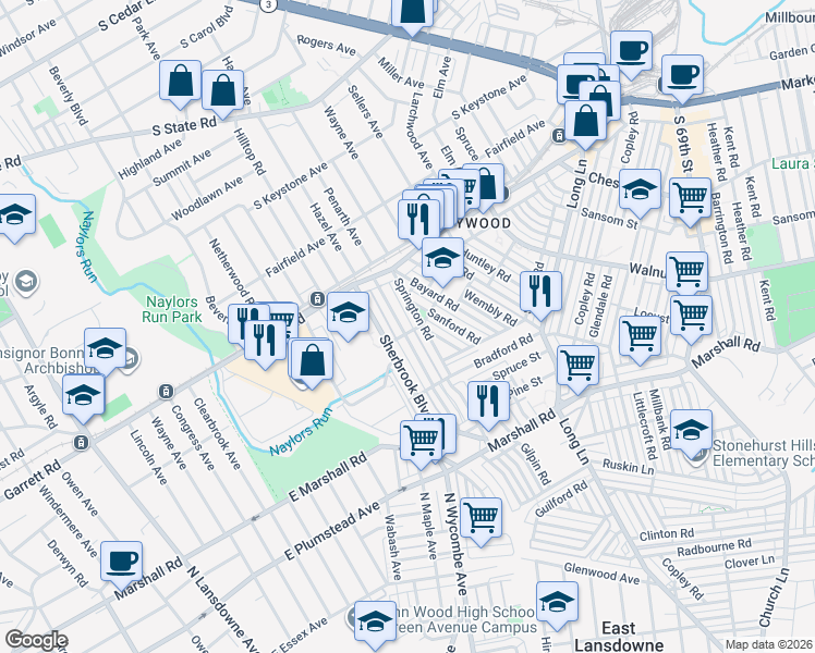 map of restaurants, bars, coffee shops, grocery stores, and more near 331 Margate Road in Delaware County