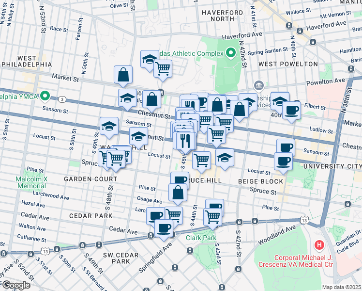 map of restaurants, bars, coffee shops, grocery stores, and more near 4508 Walnut Street in Philadelphia