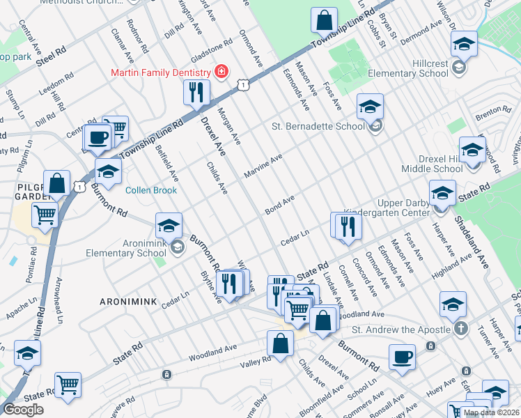 map of restaurants, bars, coffee shops, grocery stores, and more near 1021 Drexel Avenue in Drexel Hill