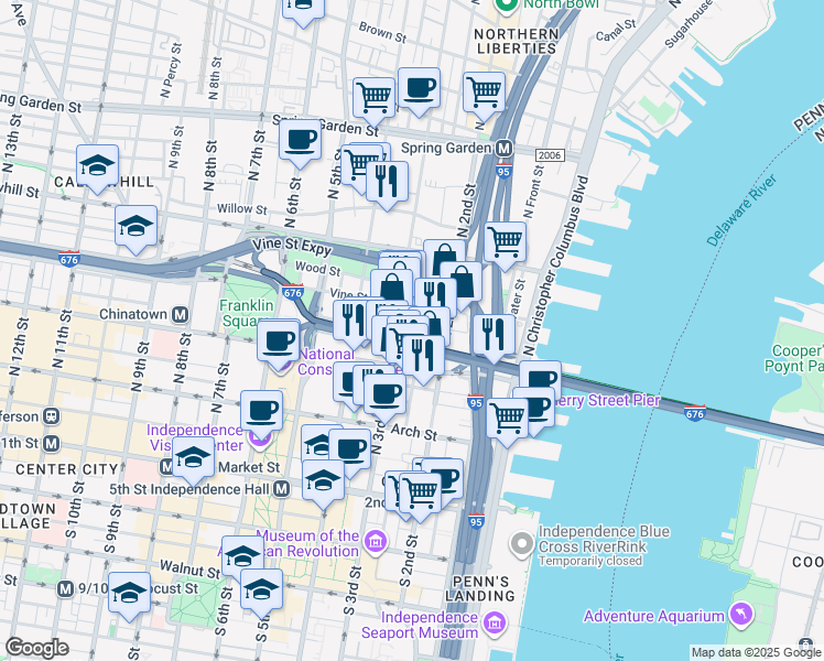 map of restaurants, bars, coffee shops, grocery stores, and more near 255 North Bodine Street in Philadelphia