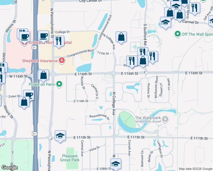 map of restaurants, bars, coffee shops, grocery stores, and more near 11546 Applewood Circle in Carmel