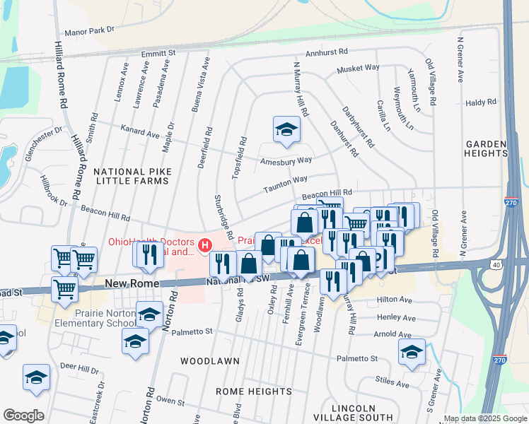map of restaurants, bars, coffee shops, grocery stores, and more near 4971 Beacon Hill Road in Columbus
