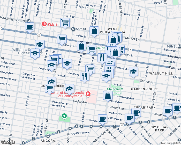 map of restaurants, bars, coffee shops, grocery stores, and more near Spruce Street & South 54th Street in Philadelphia