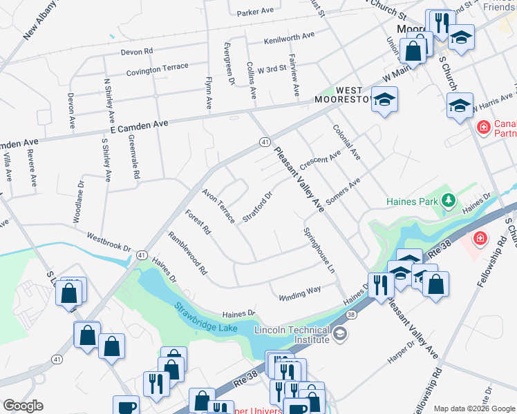 map of restaurants, bars, coffee shops, grocery stores, and more near 603 Stratford Drive in Moorestown