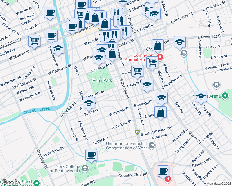 map of restaurants, bars, coffee shops, grocery stores, and more near 38 West Maple Street in York