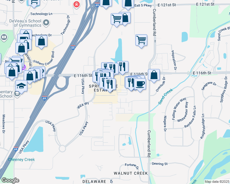 map of restaurants, bars, coffee shops, grocery stores, and more near 9710 Lynn Drive in Fishers