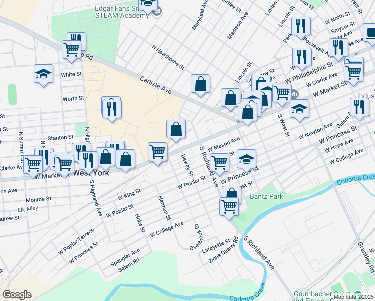 map of restaurants, bars, coffee shops, grocery stores, and more near 1036 West Market Street in York