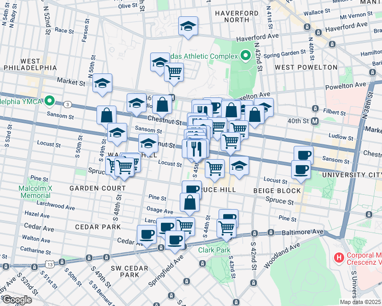 map of restaurants, bars, coffee shops, grocery stores, and more near 4512 Walnut Street in Philadelphia