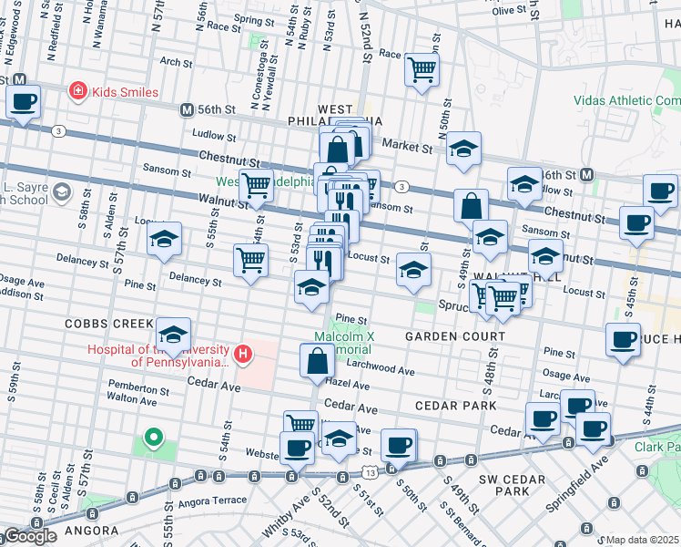 map of restaurants, bars, coffee shops, grocery stores, and more near 269 South 52nd Street in Philadelphia