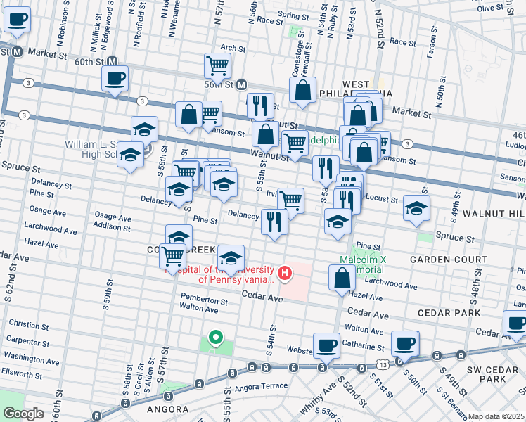 map of restaurants, bars, coffee shops, grocery stores, and more near 5456 Spruce Street in Philadelphia