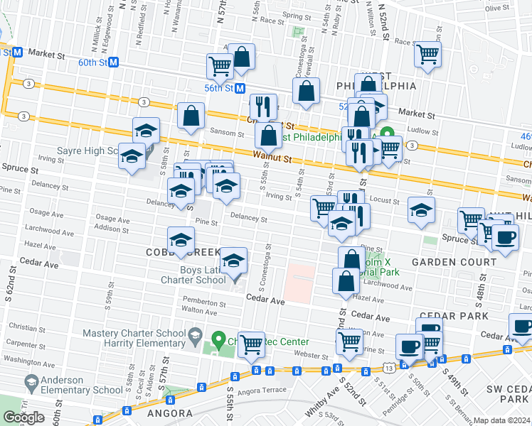 map of restaurants, bars, coffee shops, grocery stores, and more near 5456 Spruce Street in Philadelphia