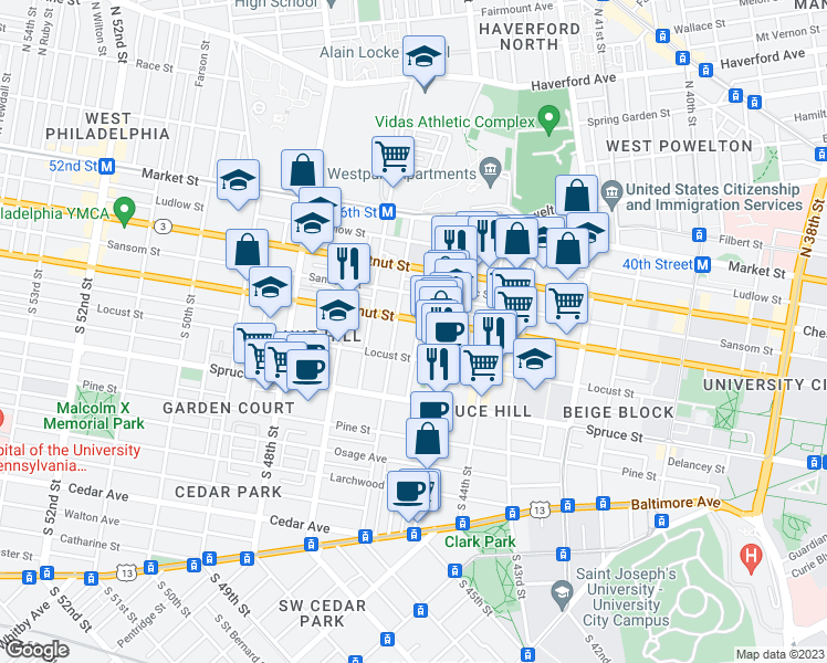 map of restaurants, bars, coffee shops, grocery stores, and more near 210 South Melville Street in Philadelphia