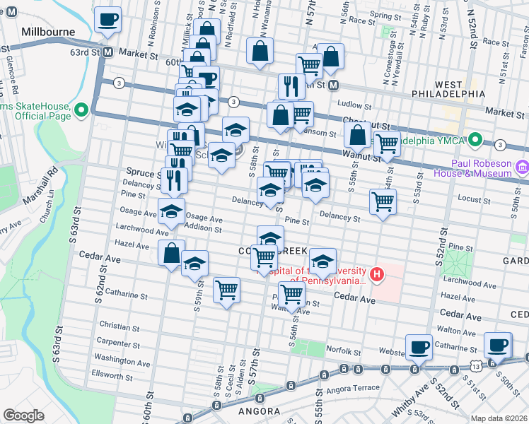 map of restaurants, bars, coffee shops, grocery stores, and more near 5729 Delancey Street in Philadelphia