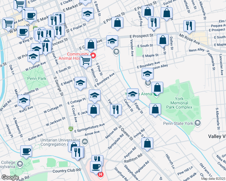 map of restaurants, bars, coffee shops, grocery stores, and more near 330 East Cottage Place in York