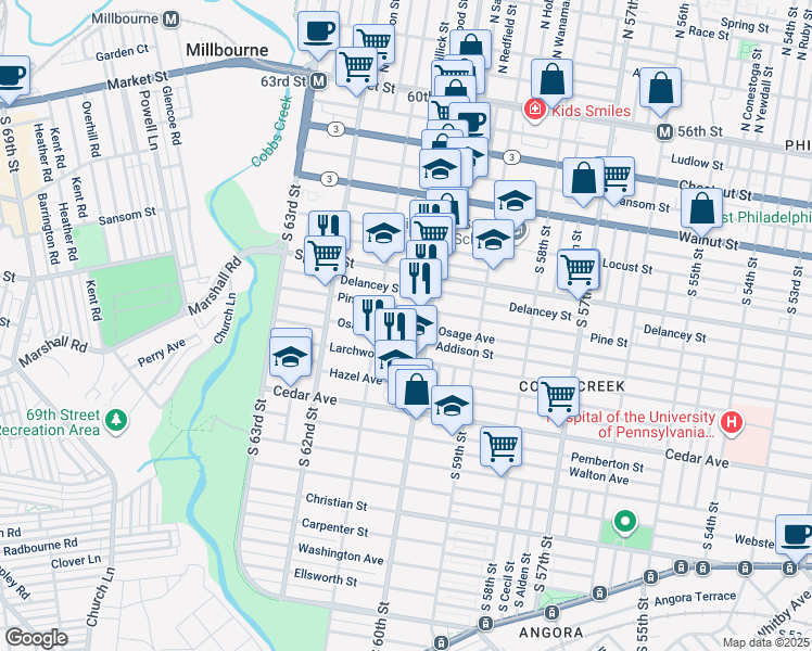 map of restaurants, bars, coffee shops, grocery stores, and more near 6023 Osage Avenue in Philadelphia
