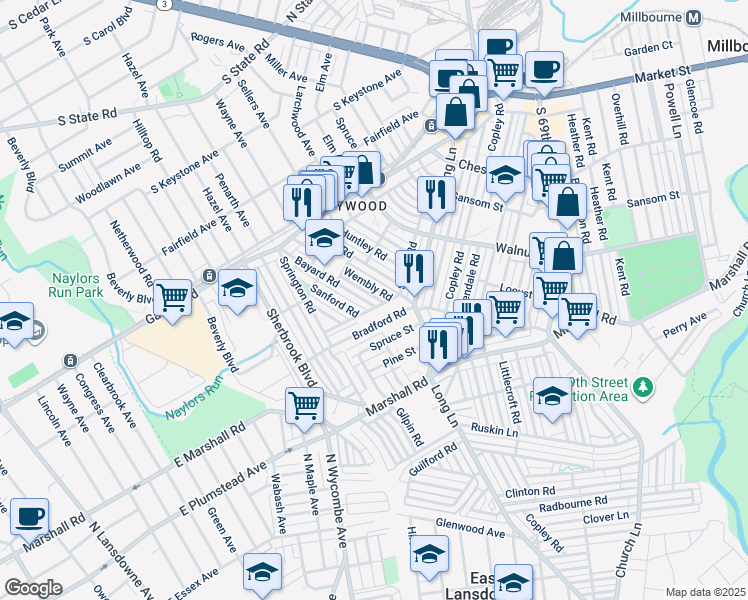 map of restaurants, bars, coffee shops, grocery stores, and more near 213 Bayard Road in Upper Darby
