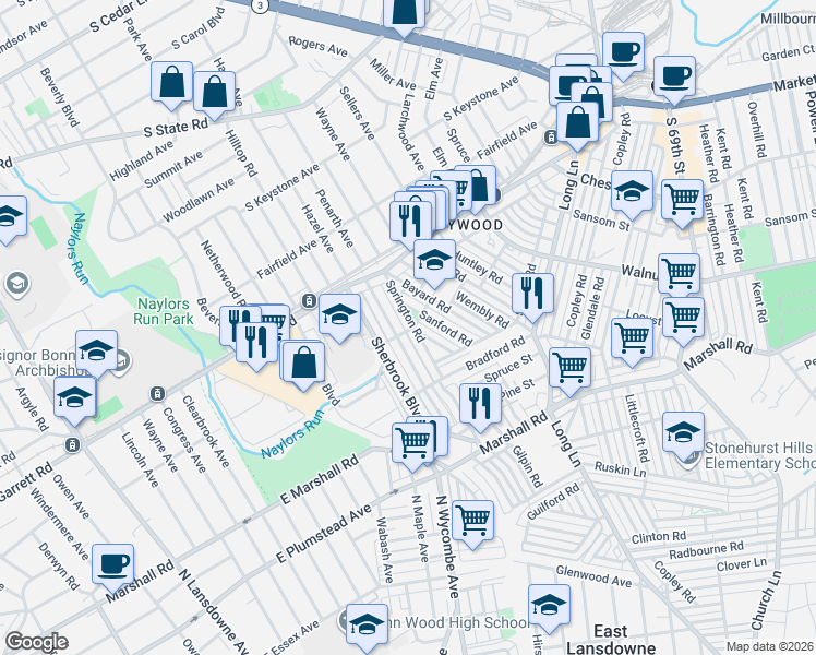 map of restaurants, bars, coffee shops, grocery stores, and more near 331 Margate Road in Delaware County