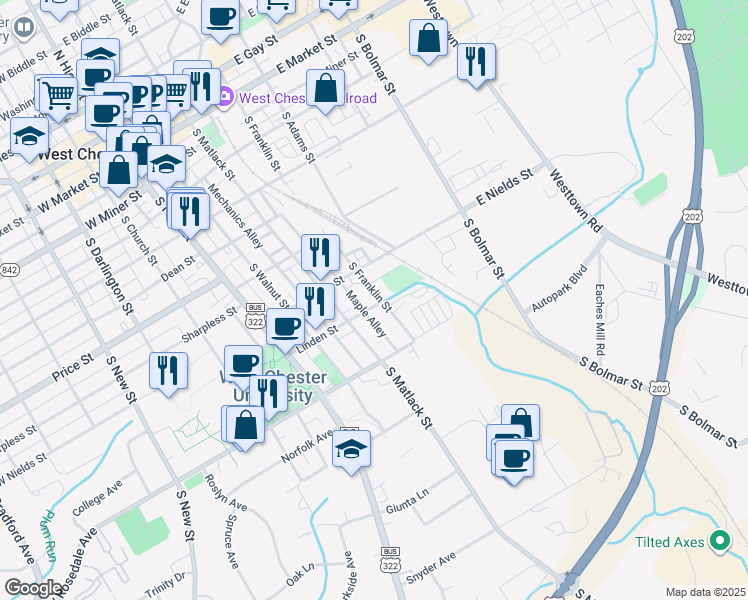 map of restaurants, bars, coffee shops, grocery stores, and more near 620 South Franklin Street in West Chester