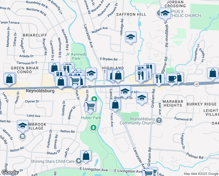 map of restaurants, bars, coffee shops, grocery stores, and more near 7360 East Main Street in Reynoldsburg