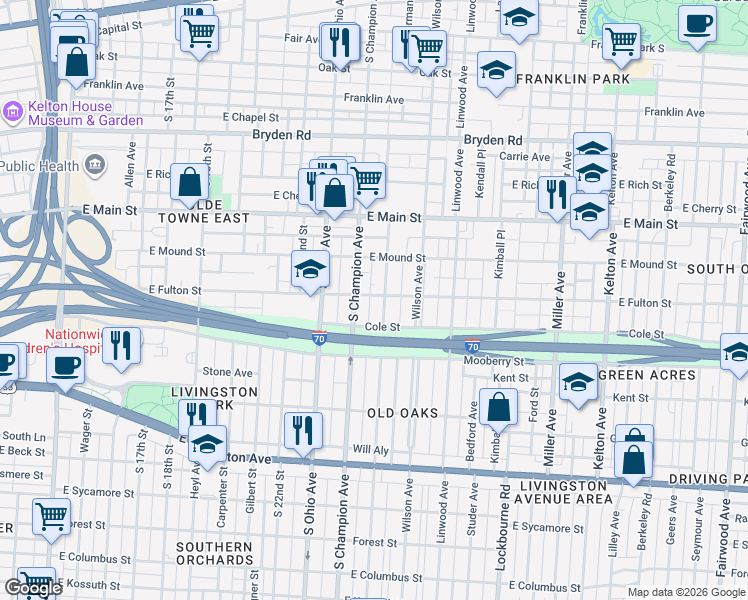 map of restaurants, bars, coffee shops, grocery stores, and more near 486 South Champion Avenue in Columbus