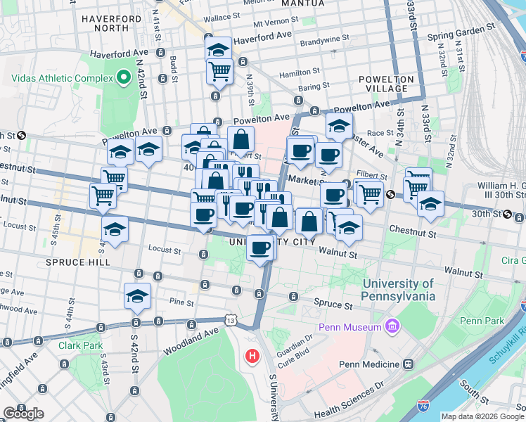 map of restaurants, bars, coffee shops, grocery stores, and more near 3818 Chestnut Street in Philadelphia
